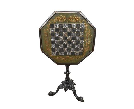 Rare mid-19th century cast iron chess top occasional table, with mother of pearl inlaid and finely painted octagonal tilt top