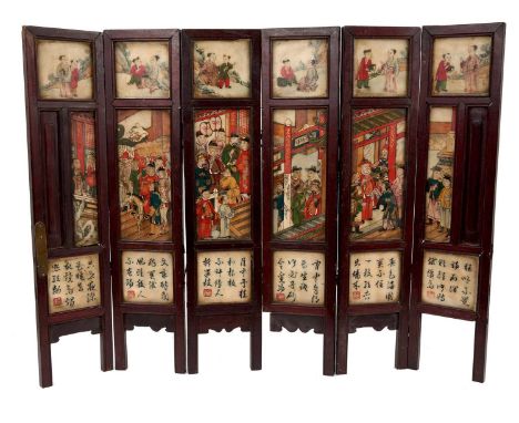 Chinese painted hardstone six panel table screen, each panel with script reserves and continuous frieze of courtly scenes, ea