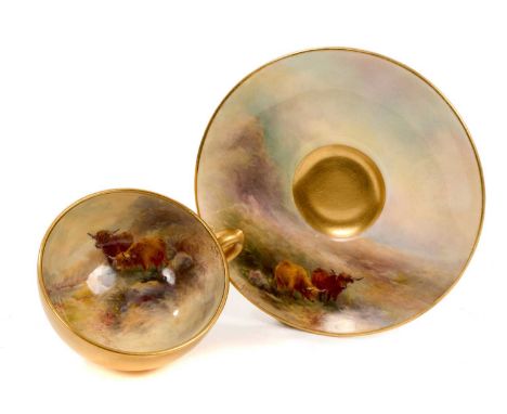 Royal Worcester cup and saucer painted with Highland Cattle by Stinton, printed marks, the saucer 9.5cm diameterGood conditio