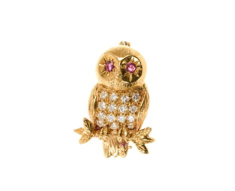 18ct gold diamond and ruby novelty brooch in the form of an owl with pavé set diamonds and ruby eyes, sponsor's mark C&amp;F,