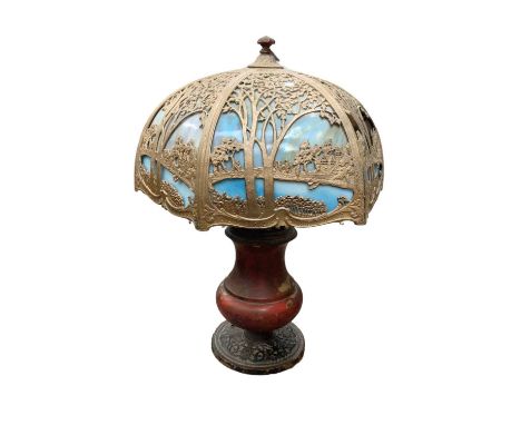 Early 20th century 'Tiffany’ style glass shade, with associated lamp base, 2ft high, shade 1ft 6” diameterSome losses to the 
