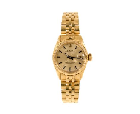 Ladies Rolex 18ct gold Oyster Perpetual Datejust wristwatch with gold dial and date aperture, on 18ct gold Jubilee bracelet w