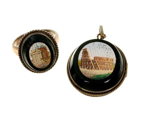 Italian micromosaic locket and ring, the locket of oval form depicting the Coliseum, 42mm, the ring depicting a classical Rom