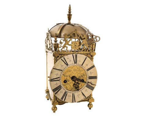 Victorian 17th century style brass lantern clock signed James Worthington, with twin fusee movement striking on a bell, 35cm 