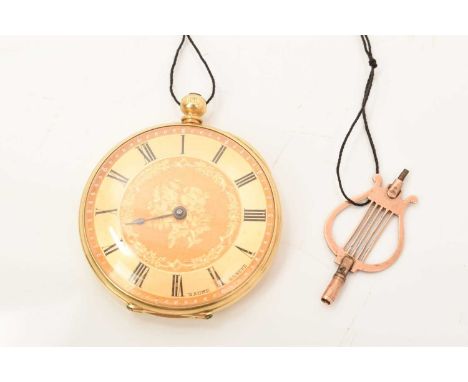 19th century 18ct gold key wind fob watch in 40mm case with fancy keyGood original running condition, hour hand missing and b