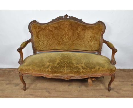 Late 19th century French walnut salon sofa with rococo carved show wood frame on cabriole legs, 140cm wide