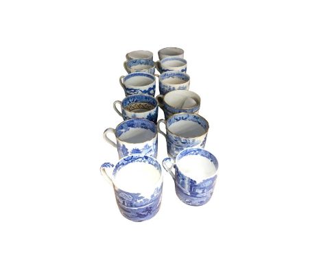 New Hall blue printed coffee can, with ring handle, and other coffee cans