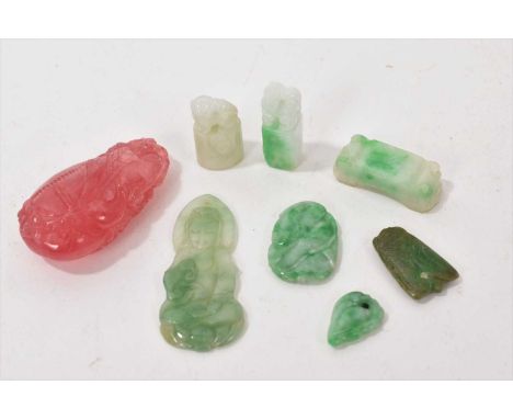 Group of Chinese carved jade and hardstone pieces, the largest a rose quartz double gourd form pendant, 4cm long