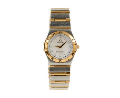 Ladies Omega Constellation gold and stainless steel wristwatch, the mother of pearl dial with diamond dot hour markers on int