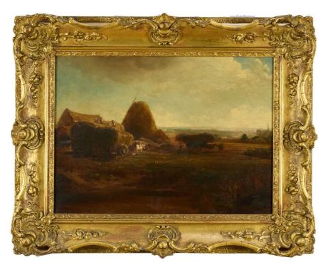 Peter De Wint (1784-1849) oil on canvas - Stacking Hay, label verso, 41cm x 56cm, in gilt frame Basically good presentable co