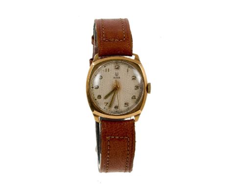 1940s Gentlemen’s Tudor 9ct gold cushion shaped wristwatch with silvered dial 30mm case on leather strapGood original running