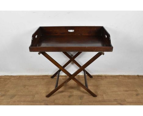 19th century mahogany butler's tray, with pierced integral carrying handles, 91 x 64cm, on folding X-frame standGood original