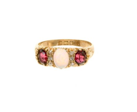 Edwardian 18ct gold opal, garnet and diamond ring in a gold carved scroll setting (Birmingham 1902), ring size NWeight 4.2 gr