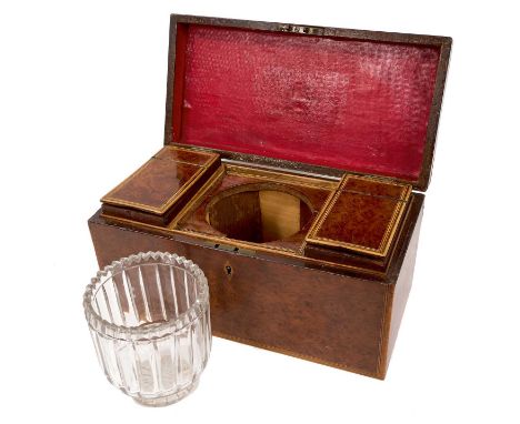 George III burr yew wood veneered tea caddy with original cut glass mixing bowl and two canisters, 30cm wide