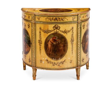 A small George III cream painted and decorated demi-lune commode
In the manner of Angelica Kauffman, painted with neo-classic