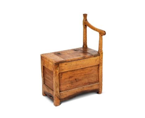 A 19th century and later pine box commode / settleWith one open arm and hinged seat with panelled front and sides, 64cm wide,