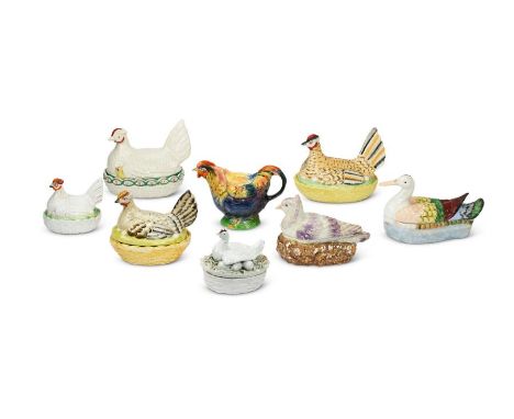 A group of seven 19th century ceramic egg baskets and an early 20th century 'Rooster' teapotComprising of a large late 19th c