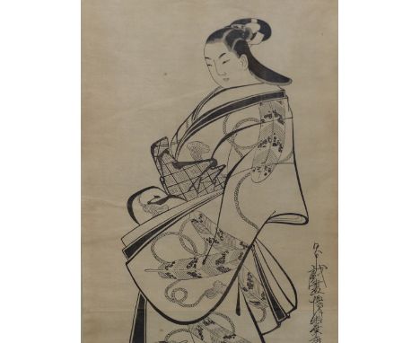 A JAPANESE BLACK AND WHITE WOOD BLOCK PRINT OF AN 18th C. LADY.   62 x 32cms.