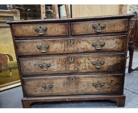 A GEORGE III CROSS BANDED MAHOGANY CHEST OF FOUR GRADED DRAWERS ON BRACKET FEET.   W 92 x D 54 x H 79cms.