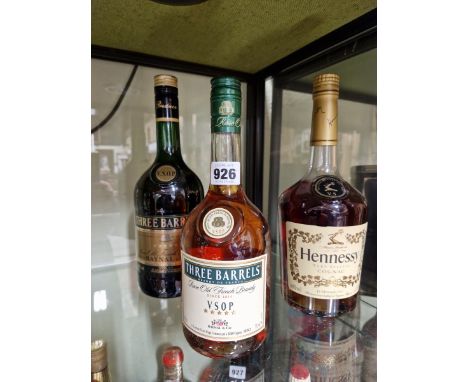 BRANDY: LITRE BOTTLES OF HENNESSY AND THREE BARRELS VSOP COGNAC TOGETHER WITH A BOTTLE OF THREE BARRELS RARE OLD FRENCH BRAND