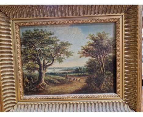 20th CENTURY SCHOOL, A DROVER AND FIGURES IN LANDSCAPES, TWO OILS ON PANEL, 14.5  18cms. 