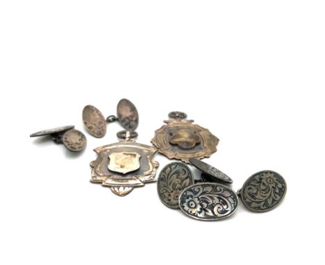 TWO PAIRS OF VINTAGE SILVER CUFFLINKS AND TWO HALLMARKED SILVER VINTAGE FOBS. GROSS WEIGHT 21.99grms.