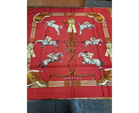 A VINTAGE HERMES JUMPING HORSE SILK SCARF WITH ORIGINAL BOX 