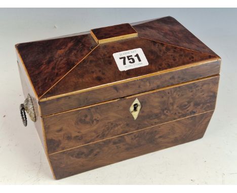 A GEORGE III YEW WOOD SARCOPHAGUS TEA CADDY, THE INTERIOR WITH TWO COMPARTMENTS.   W 19cms.