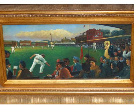 ENGLISH SCHOOL LATE 20TH CENTURY, THE EDWARDIAN CRICKET MATCH, OIL ON PANEL.&nbsp; &nbsp;19 x 39.5cms.