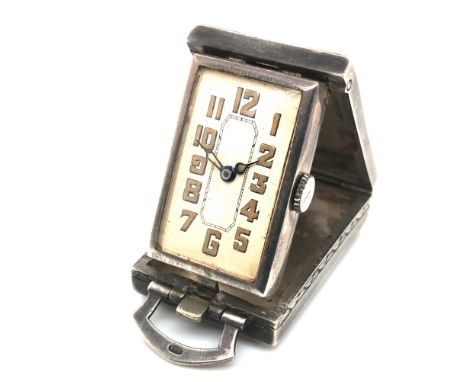 LECOULTRE, A VINTAGE HALLMARKED SILVER AND GUILLOCHE ENAMELLED TRAVEL FOB WATCH. DATED 1927, WITH GLASGOW  IMPORT MARKS. THE 