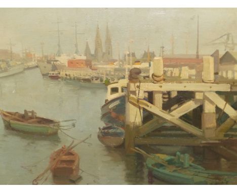 GEORGES FREDERIC (BELGIAN 1900-81), ARR. THE PORT OF OSTENDE, OIL ON PANEL, SIGNED LOWER RIGHT AND DATED 1961.   35.5 x 46cms