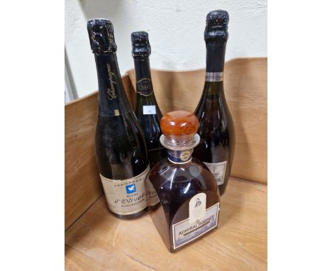 A BOTTLE OF VINTAGE SPANISH CAVA, A FUTHER CHAMPAGNE, SPARKLING CHARDONNAY&nbsp; AND A BOTTLE OF ADMIRAL RODNEY ST LUCIA RUM.