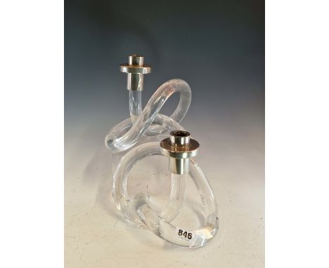 A PAIR OF VINTAGE ART DECO STYLE CANDLESTICKS WITH CHROME NOZZLES AND DRIP PANS ON KNOTTED TUBULAR PERSPEX BASES.   H 18cms