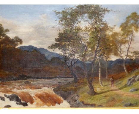 PETER GRAHAM (1836-1921), A MAN WALKING A PATH BY RIVER RAPIDS, OIL ON CANVAS, INITIALLED AND DATED 1864 LOWER RIGHT.   47 x 