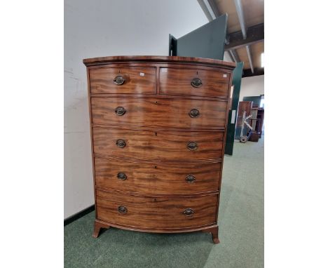 A 19th C. MAHOGANY BOW FRONT CHEST OF TWO SHORT AND FOUR GRADED LONG DRAWERS N BRACKET FEET.&nbsp; &nbsp;W 111 x D 61 x H 147