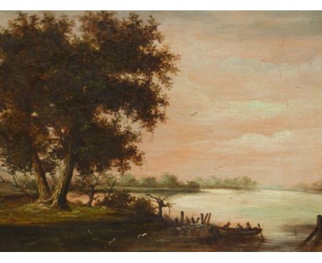 DUTCH SCHOOL, THREE FIGURES IN A BOAT AT DUSK, THE BANK WITH TWO TREES, OIL ON PANEL.   25.5 x 31.5cms.