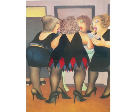 BERYL COOK (1926- 2008), THREE LADIES APPLYING LIPSTICK, A PENCIL SIGNED PRINT.   48.5 x 40cms.