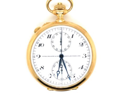 A PATEK PHILIPPE 18ct GOLD OPEN FACE FLYBACK CHRONOGRAPH POCKET WATCH WITH WHITE ENAMEL DIAL. THE MOVEMENT SERIAL NUMBER 1379