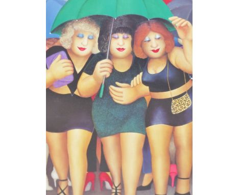 BERYL COOK (1926-2008), THREE LADIES UNDER A GREEN UMBRELLA, 380/650, A PENCIL SIGNED PRINT.   53.5 x 38.5cms.