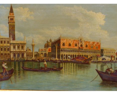 20th C. VENETIAN SCHOOL, ST MARKS SQUARE FROM THE WATER, OIL ON PANEL.   29 x 39cms.