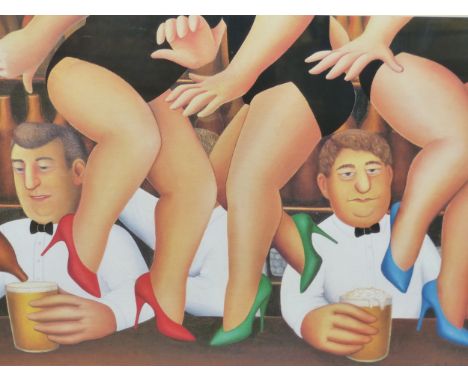BERYL COOK (1926-2008), THREE LADIES DANCING ON A BAR ABOUT TWO MEN WITH BEER GLASSES, 61/850, A PENCIL SIGNED PRINT.   40.5 