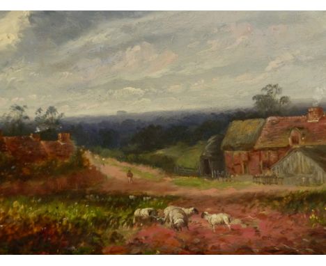 PREVIOUSLY ATTRIBUTED TO DAVID COX (1783-1859), SHEEP GRAZING BEFORE A TRACK PASSING BY COTTAGES, OIL ON PANEL, SIGNED LOWER 