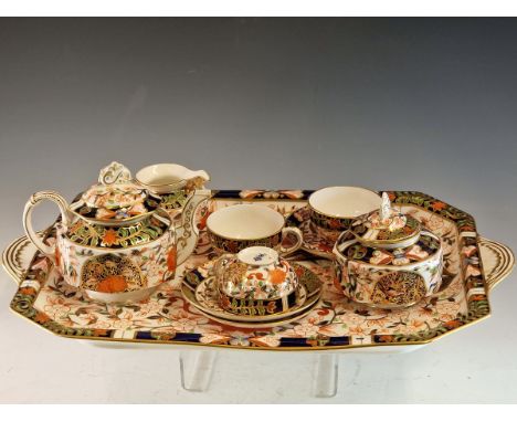 A LATE 19th C. CROWN DERBY 198 PATTERN IMARI PALETTE CABARET SET, COMPRISING: A TRAY, THREE CUPS AND SAUCERS, A MILK JUG, A C