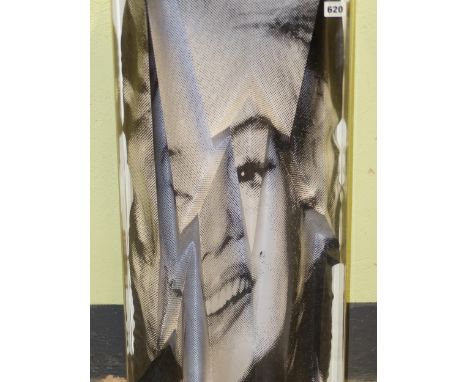 ROBERT KINGDOM (CONTEMPORARY), A BLACK AND WHITE PRINT OF MARILYN MONROE ON CRUMPLED PAPER IN A PERSPEX CASE, SIGNED ON THE R