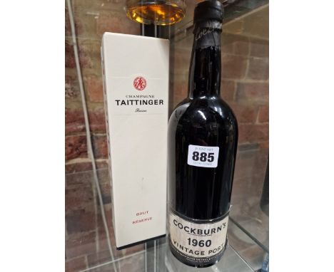 PORT AND CHAMPAGNE: A BOTTLE OF 1960 COCKBURNS VINTAGE PORT TOGETHER WITH BOXED HALF BOTTLE OF TAITTINGER NON VINTAGE CHAMPAG