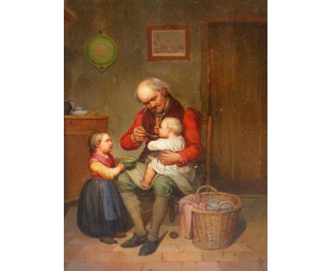 19th C. EUROPEAN SCHOOL, A GRANDFATHER FEEDING THE BABY ON HIS KNEE, OIL ON PANEL, INSCRIBED VERSO J-F HAECKERT.   34.5 x 28c