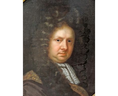 MANNER OF SIR GODFREY KNELLER, AN OVAL PORTRAIT LABELLED THOMAS LORD CREW OF STENE 1624-1697, OIL ON CANVAS.&nbsp; &nbsp;74 x