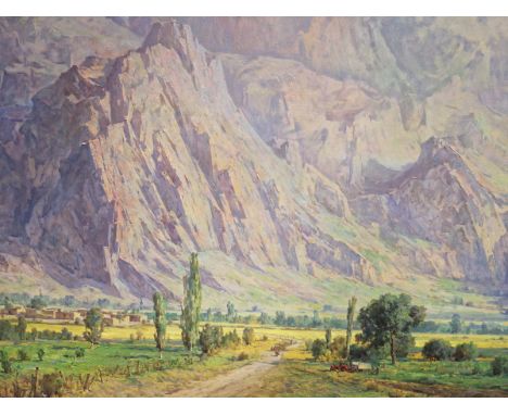 ABD-AL MOHSENI (20th C. IRANIAN), ARR. A TRACTOR AND FIELDS ON A PLAIN BEFORE STEEP ROCK FACES, OIL ON CANVAS, SIGNED LOWER R