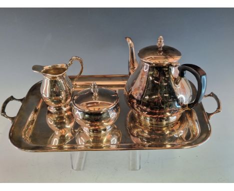 A SILVER THREE PIECE TEA SERVICE ON A TWO HANDLED TRAY BY FRANK HAWKER, BIRMINGHAM 1969, THE TEA POT AND SUGAR BOWL COVERS WI