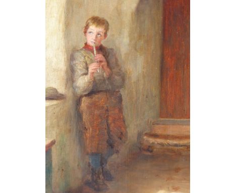 WILLIAM EADIE (1847-1926), A BOY IMITATING BIRD SONG ON A WHISTLE AND A GIRL SEATED WITH HER NEW HAT, A PAIR OF OILS ON PANEL